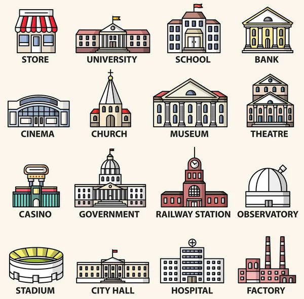 Ikony Vládních Budov Nastaveny Vektorové Izolované Barevné Ilustrace Plochého Stylu — Stockový vektor
