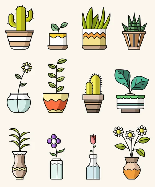 Vector Isolated Flat Style Colorful Icons Home Flowers Plants — Stock Vector