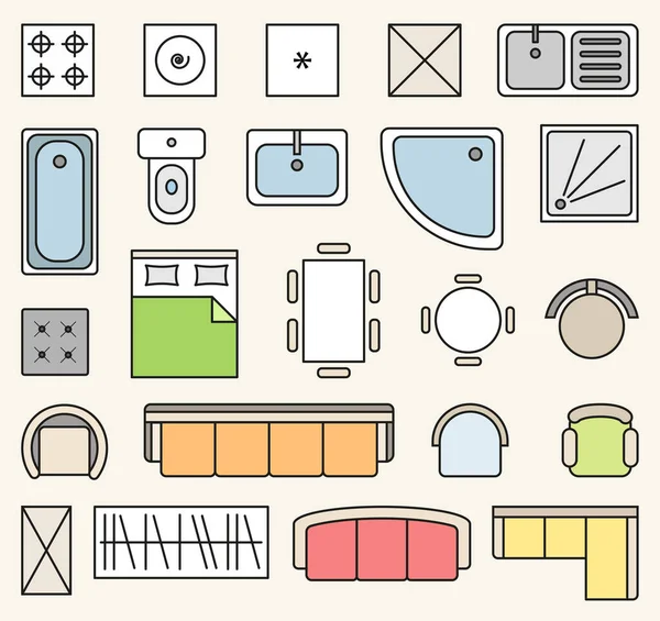 Vector Set Colorful Isolated Interior Design Floor Plan Objects Icons — Stock Vector