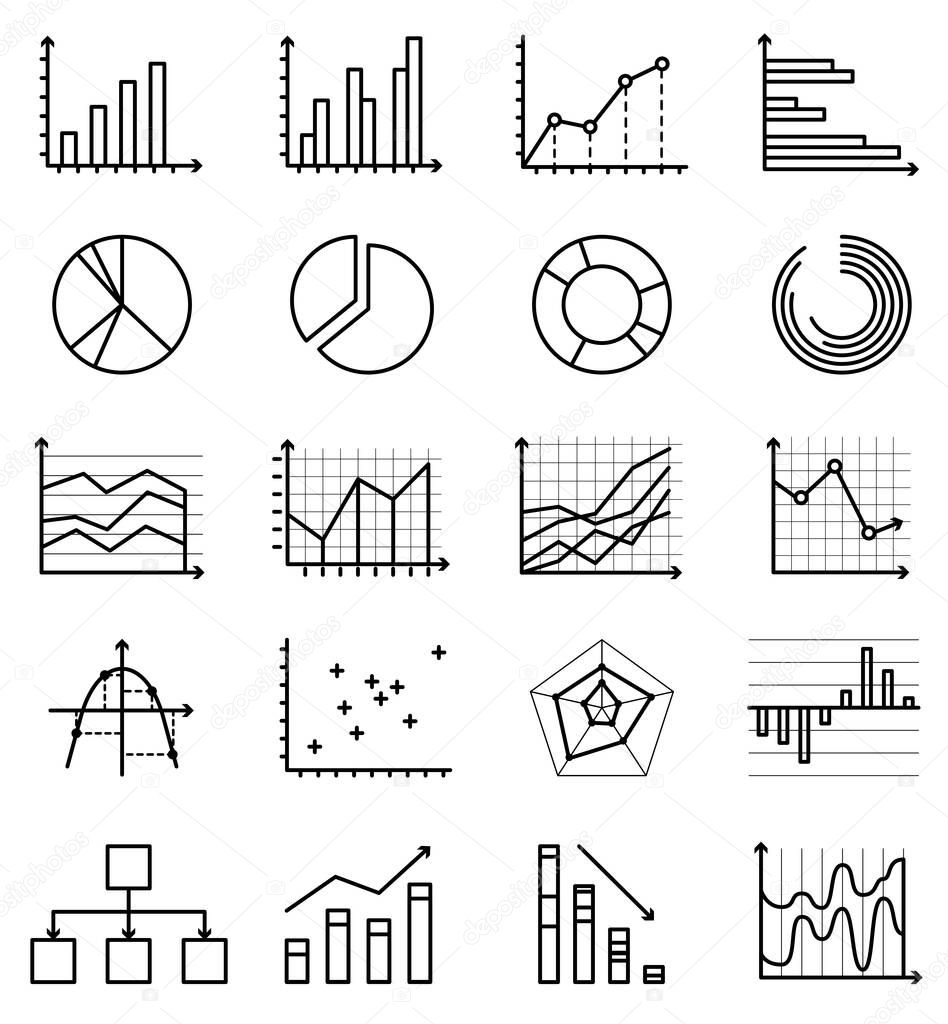 Vector outline isolated icons of graphs, schemes, schedules