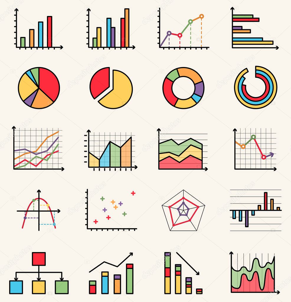 Vector flat style colorful isolated icons of graphs, schemes, schedules