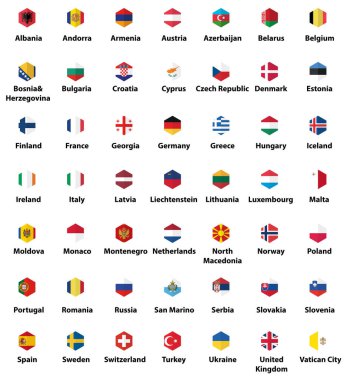 Avrupa 'nın tüm bayrakları. Altıgen izole edilmiş düz biçim tasarım simgeleri belirlendi