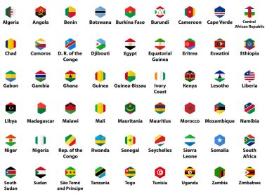 Afrika tüm ülkelerin bayrakları. Altıgen izole edilmiş düz biçim tasarım simgeleri belirlendi