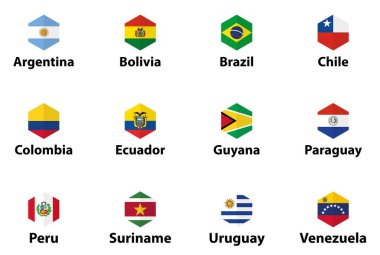 Güney Amerika tüm ülkelerin bayrakları. Altıgen izole edilmiş düz biçim tasarım simgeleri belirlendi