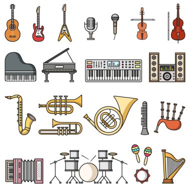Müzik aletleri simgeleri. Vektör izole edilmiş düz biçim çizimleri