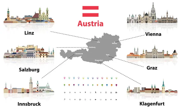 オーストリアの主要都市のスカイラインのフラットスタイルのカラフルなアイコンと地図 ナビゲーションと位置アイコンが設定されます ベクターイラスト — ストックベクタ