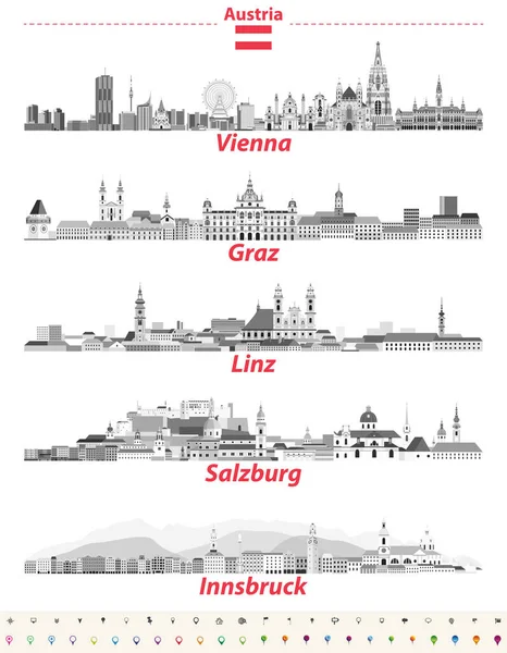 Austria Ciudades Paisajes Urbanos Panorámicos Vector Ilustraciones Blanco Negro Paleta — Vector de stock