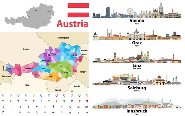 奥地利地图 按各州划分 显示与邻国的地区边界 奥地利城市的天际线 奥地利国旗 导航和定位图标设置 矢量说明 — 图库矢量图片