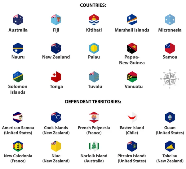 Bandeiras Austrália Oceania Conjunto Ícones Design Estilo Plano Isolado Hexágono —  Vetores de Stock