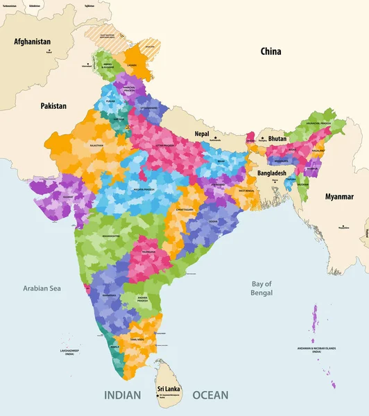 近隣諸国や地域とのインドの地図 州ごとに色が付けられ 各州の境界が示されている ベクターイラスト — ストックベクタ