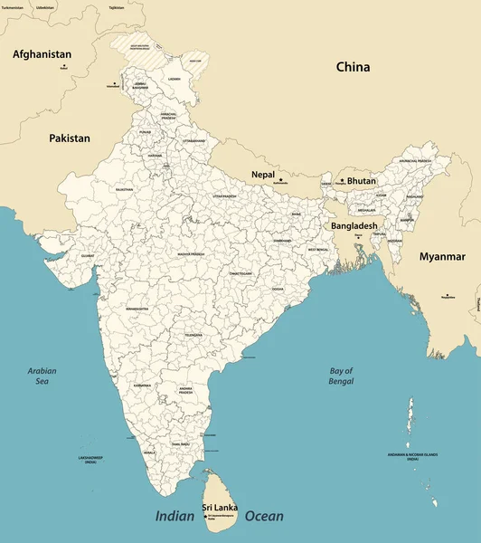 India Divisiones Administrativas Mapa Vectorial Con Los Países Vecinos — Vector de stock