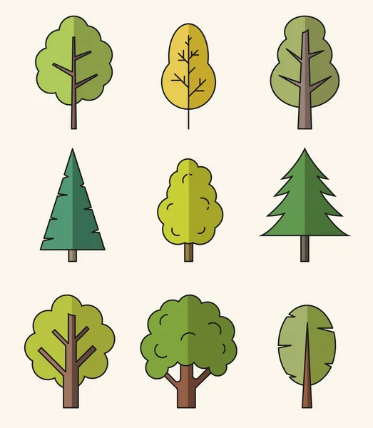 Vector Colorful Isolated Flat Style Icons Trees — Stock Vector