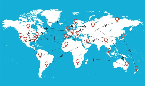 Mapa Vectorial Del Mundo Con Aviones Voladores — Vector de stock