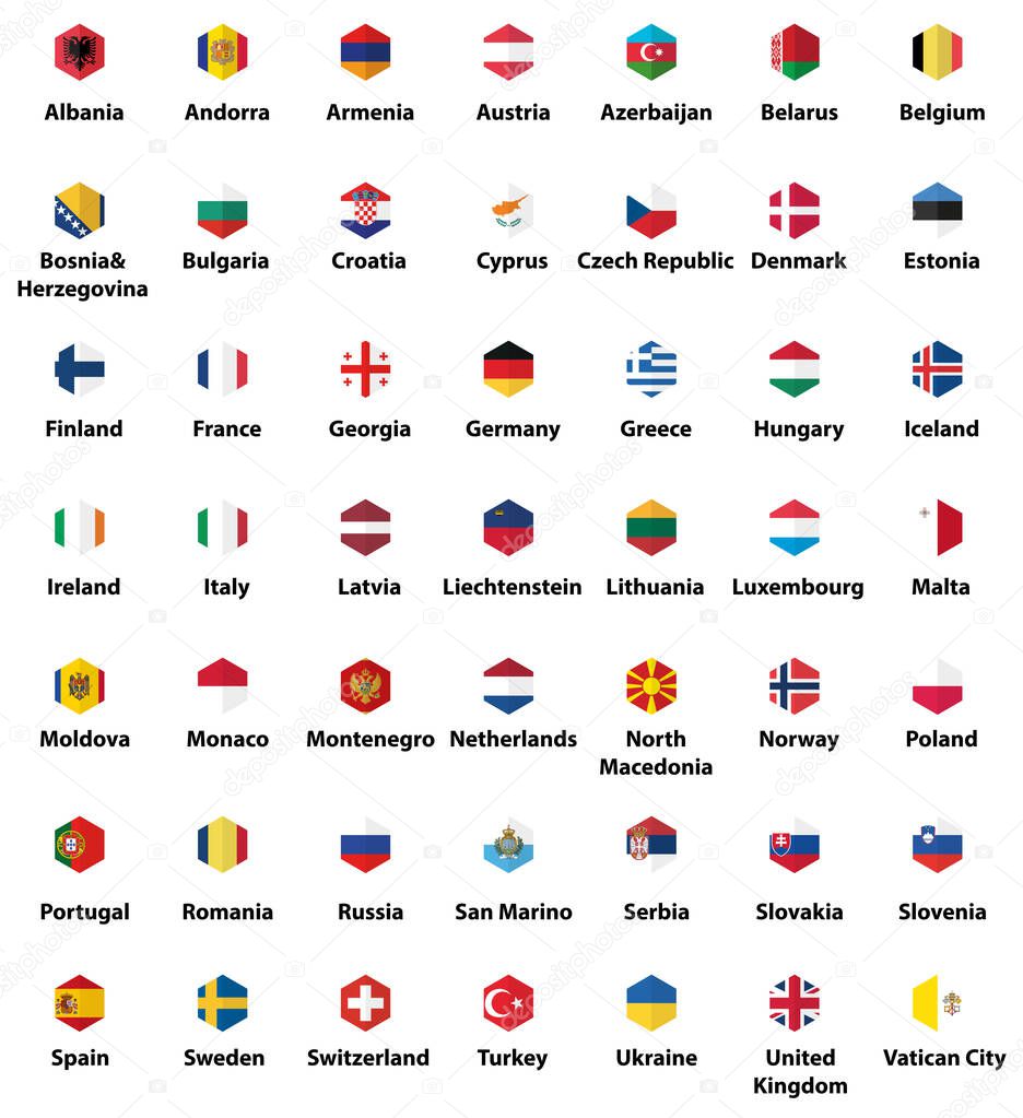 Europe all countries' flags. Hexagon isolated flat style design icons set