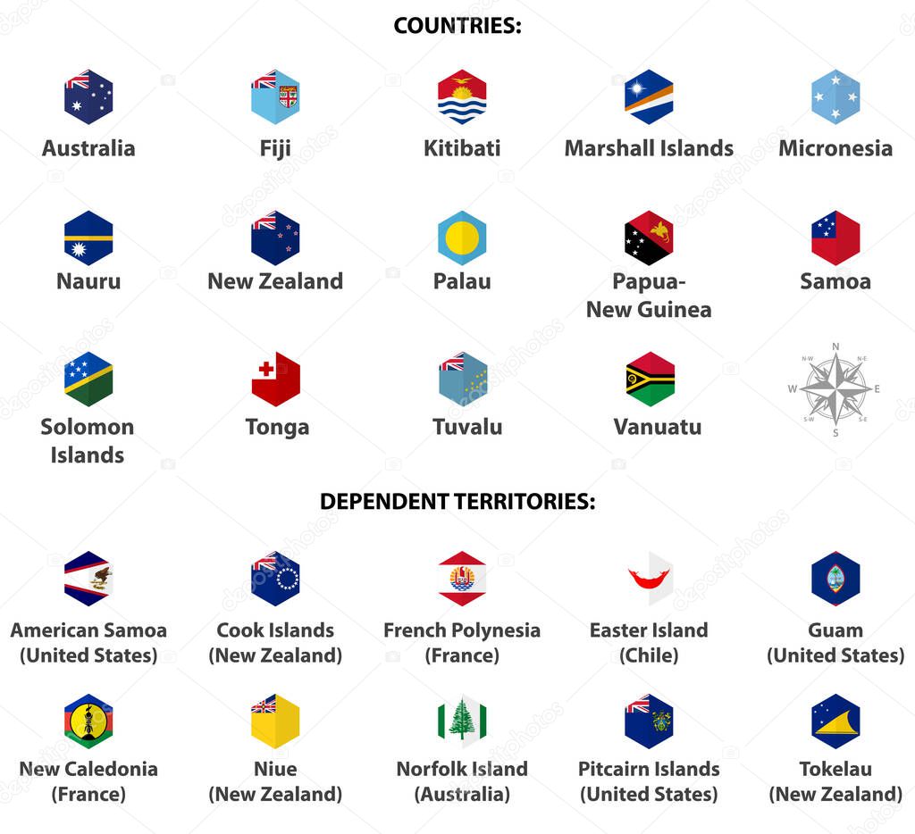 Australia and Oceania countries' flags. Hexagon isolated flat style design icons set