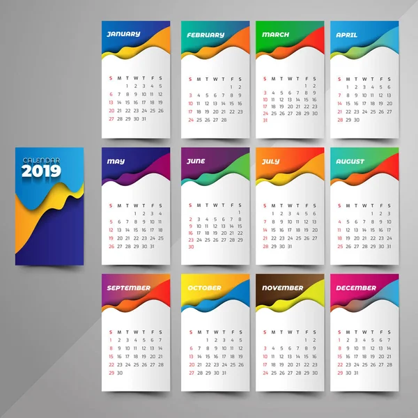 Calendario 2019 Gradientes Moda Estilo Origami — Vector de stock