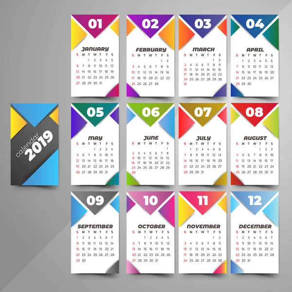 Año 2019 Calendario Hermoso Diseño — Vector de stock