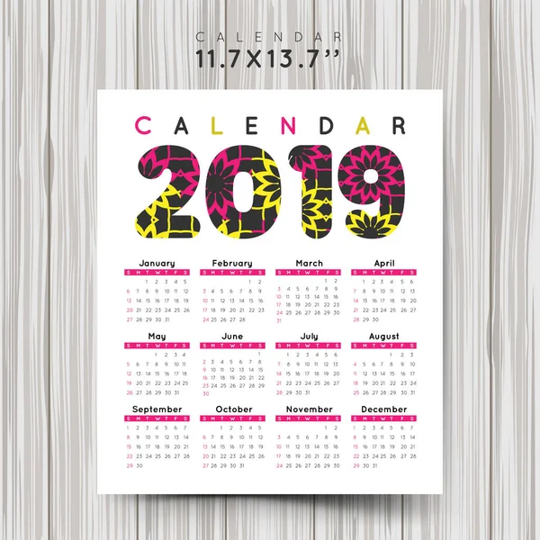 Calendario 2019 Con Patrones Colores — Vector de stock