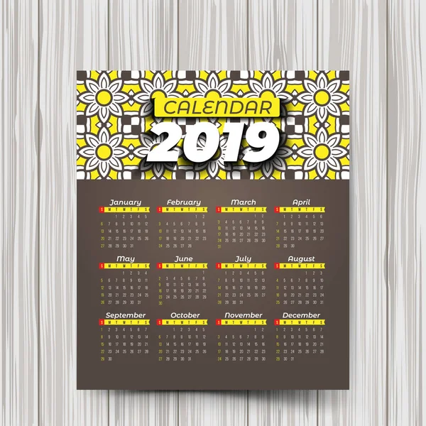 Calendario 2019 Con Patrones Colores — Vector de stock