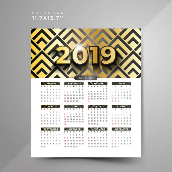 Schwarz Goldene Kalendermuster 2019 — Stockvektor
