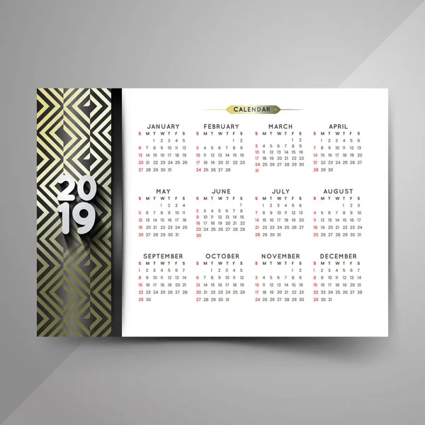 黒と黄金 2019年パターン カレンダー デザイン — ストックベクタ