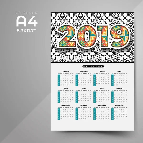 Calendario 2019 Con Patrones Colores — Vector de stock