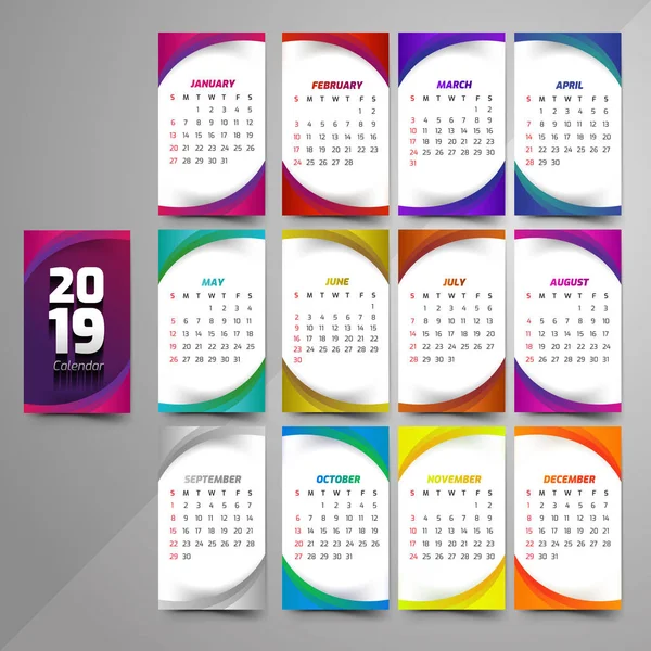 Año 2019 Calendario Hermoso Diseño — Vector de stock