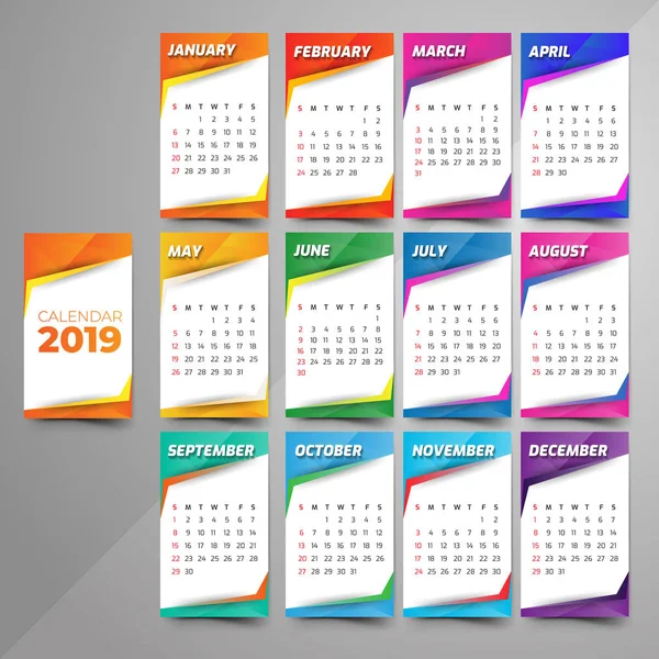 Año 2019 Calendario Hermoso Diseño — Vector de stock