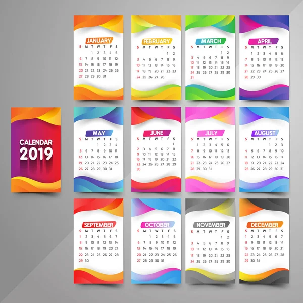 Año 2019 Calendario Hermoso Diseño — Archivo Imágenes Vectoriales