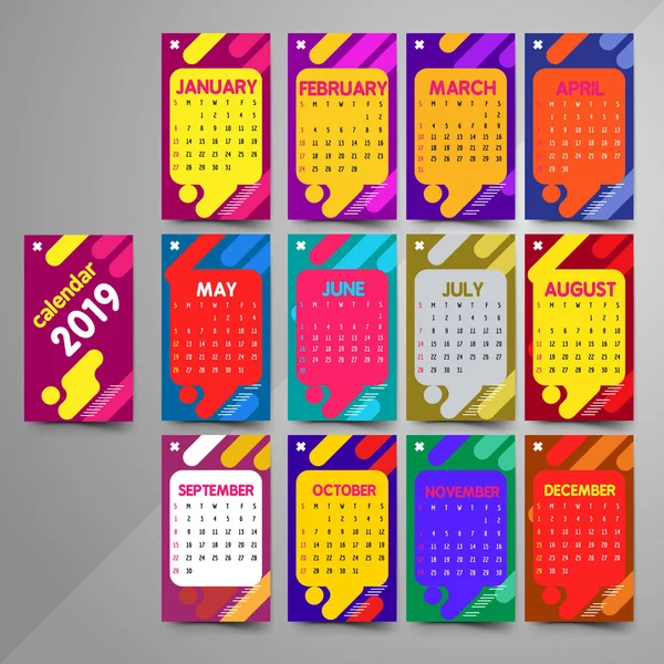 Calendario 2019 Con Colores Modernos — Vector de stock