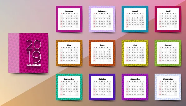 Calendario 2019 Con Triángulos Patter — Vector de stock