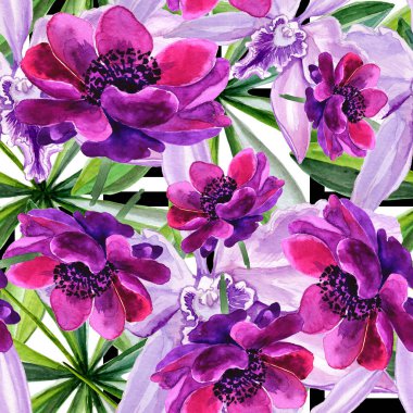 Dikişsiz desen, çiçekler bir suluboya ile yapılır. Anemon çiçeği çiçek tam adıdır.