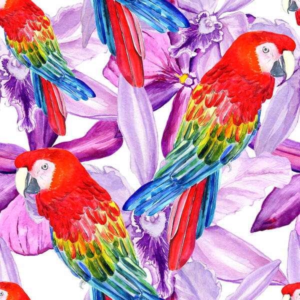 The bird, the tropics, the flowers are made with a watercolor. The full name of the bird is the parrot. Flowers of Anemone.