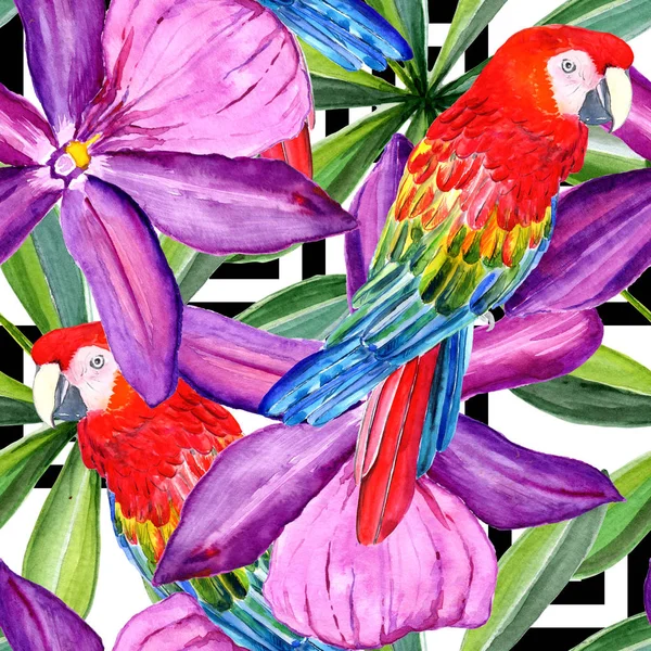 Kuş, tropik çiçekler bir suluboya ile yapılır. Tam kuş papağan adıdır. Anemon çiçekleri.