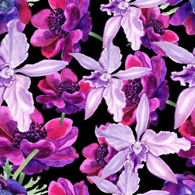 Dikişsiz desen, çiçekler bir suluboya ile yapılır. Anemon çiçeği çiçek tam adıdır.