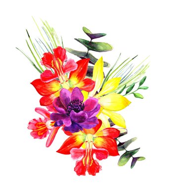 Beyaz arka plan üzerinde şenlikli çiçek kompozisyon. Havai görünümü. tebrik kartı, çiçek dekorasyon buketi