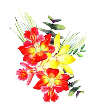 Beyaz arka plan üzerinde şenlikli çiçek kompozisyon. Havai görünümü. tebrik kartı, çiçek dekorasyon buketi