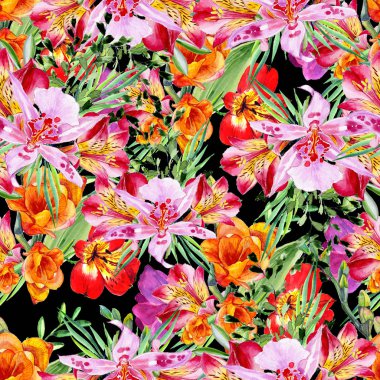 Sorunsuz çiçek arka plan deseni. Soyut duvar kağıdı. Çiçek yaprakları siyah ile. Suluboya, elle çizilmiş.