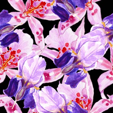 Sorunsuz çiçek arka plan deseni. Soyut duvar kağıdı. Çiçek yaprakları siyah ile. Suluboya, elle çizilmiş.