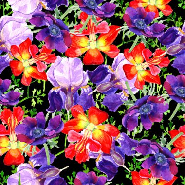 Sorunsuz çiçek arka plan deseni. Soyut duvar kağıdı. Çiçek yaprakları siyah ile. Suluboya, elle çizilmiş.