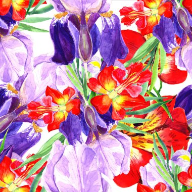 Kesintisiz, çiçek deseni suluboya tarzında. Arka plan, doku, desen sarmalayıcı, çerçeve veya kenarlık için vahşi çiçek.