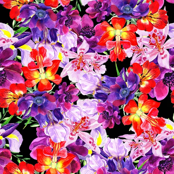 완벽 한 꽃 배경 패턴입니다. 추상적인 배경 화면입니다. 블랙에 잎과 꽃입니다. 수채화, 손으로 그린. — 스톡 사진