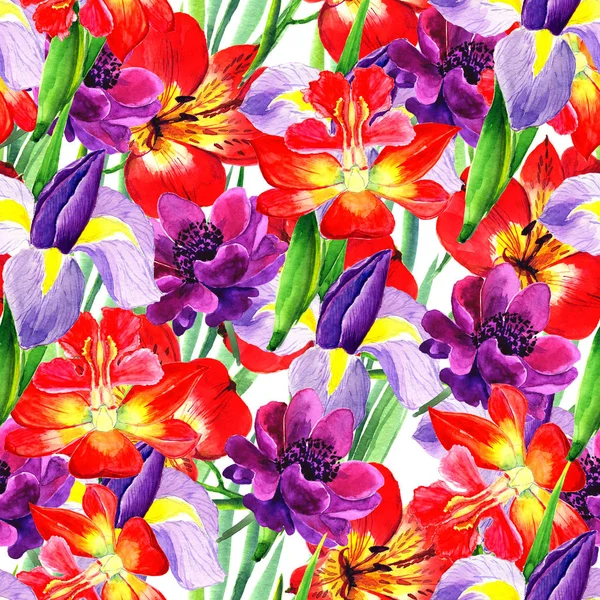 水彩のスタイルでシームレスなフローラル パターン。背景、テクスチャ、ラッパー、フレームまたは罫線のパターンの花野の花. — ストック写真