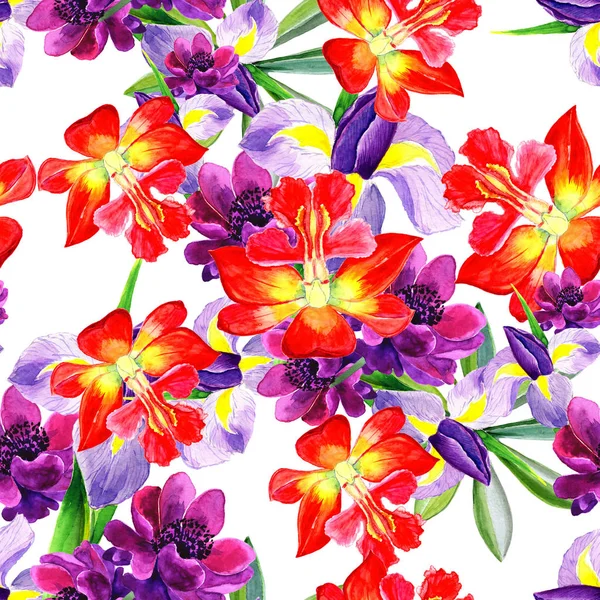 水彩画の花の花束。シームレス パターン。白地に美しい花. — ストック写真
