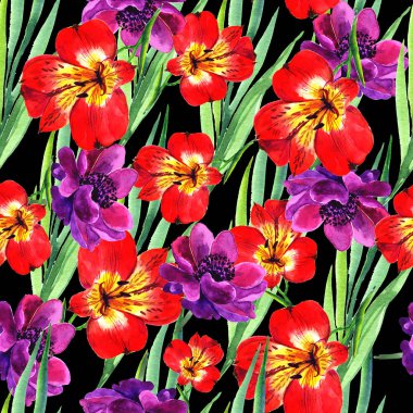 Çiçek desenli siyah bir arka plan. Seamless modeli. Çizilmiş suluboya