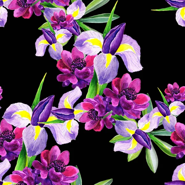 Eamless パターン。黒の背景に花柄。花の水彩の手描き下ろし. — ストック写真