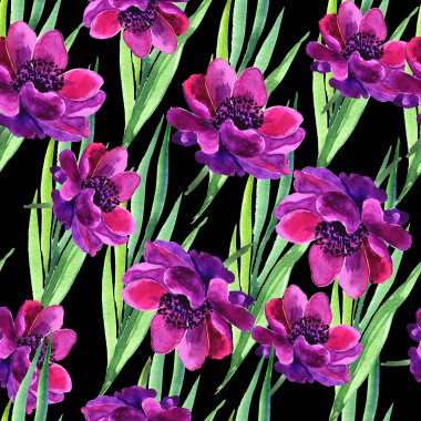 eamless desen. Çiçek desenli siyah bir arka plan. Suluboya elle çizilmiş çiçekler.