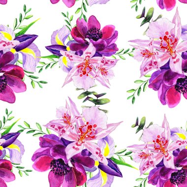 Sorunsuz arka plan. sulu boya çiçekler. Narin çiçek, buket. Beyaz bir arka plan üzerinde yürütülecek.