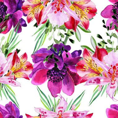 Sorunsuz arka plan. sulu boya çiçekler. Narin çiçek, buket. Beyaz bir arka plan üzerinde yürütülecek.