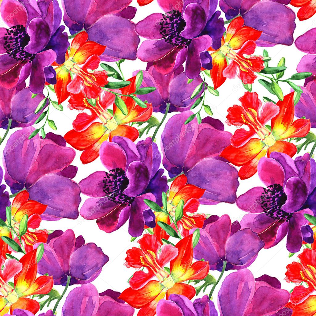 Seamless floral background. Orchid flowers. Hand-drawn color illustration of watercolor.